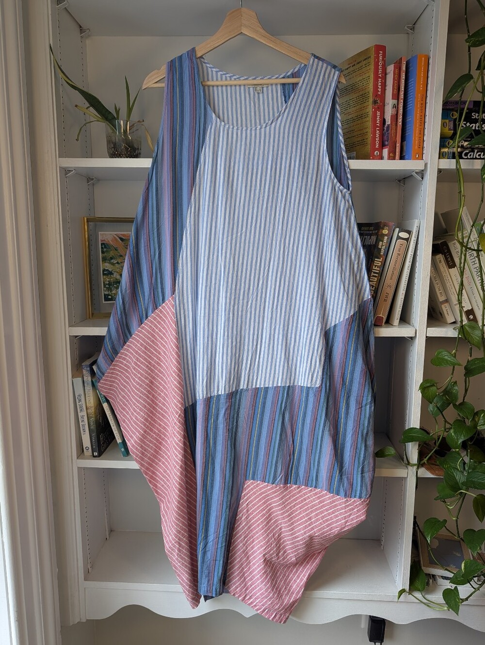 Patchwork Sleeveless Midi Dress Cotton Blend White Blue Pink Medium Lagenlook